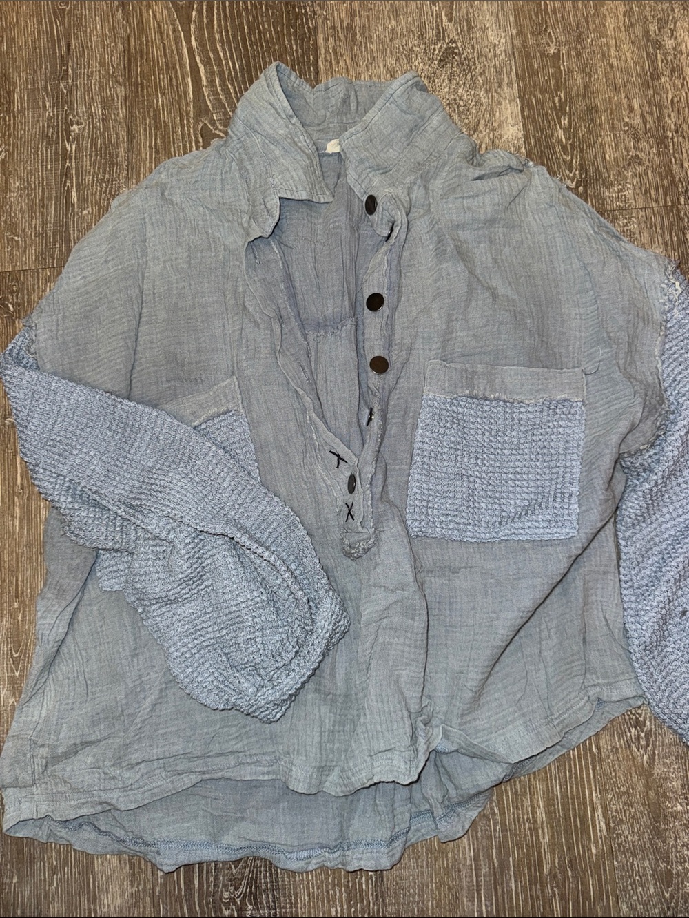 POL Light Blue gauze Textured Casual Button-Down Shirt, waffle textured sleeves